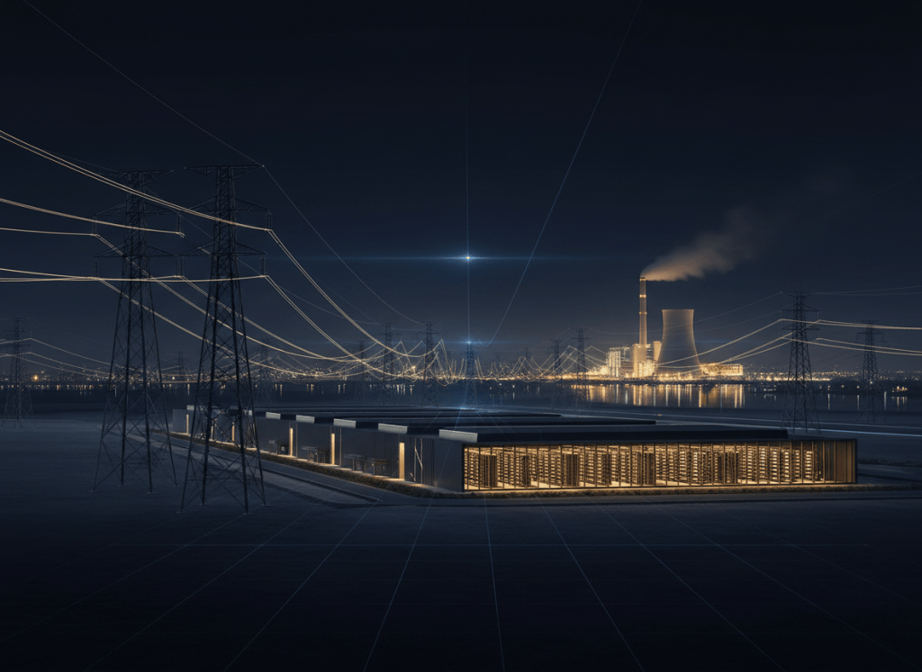 AI data center and power grid infrastructure illuminated at night