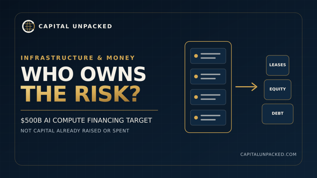 Capital Unpacked cover showing a GPU server, financing layers and the headline Who Owns the Risk?
